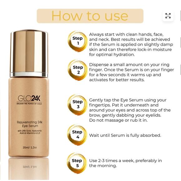 GLO24K EYE SERUM MINIMIZES FINE LINES, PUFFINESS, AND DARK CIRCLES, CROW'S FEET - Picture 4 of 6